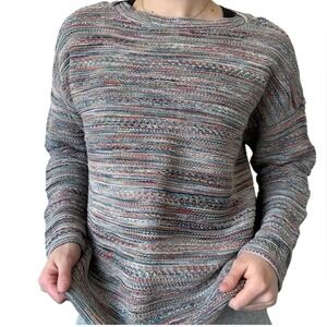 J. Jill Cotton Mineral Multicolor Long Sleeve Striped Crew Neck Sweater Sm Tall